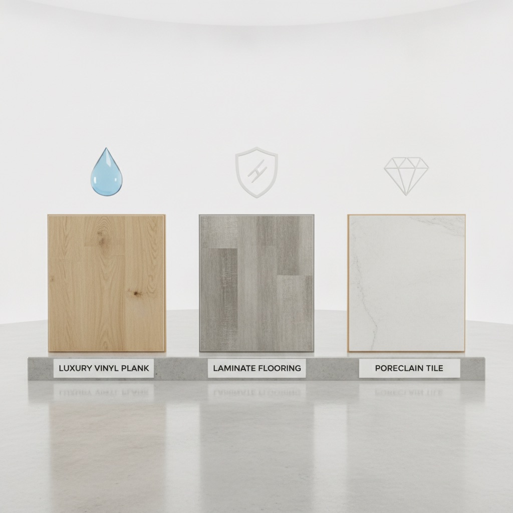 A side-by-side comparison of LVP, Laminate, and Tile flooring samples, each with an icon representing its key strength: water resistance, scratch resistance, and durability.
