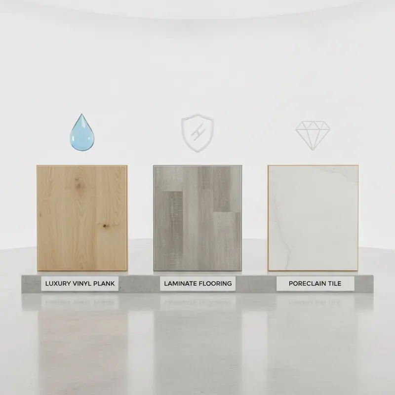 A side-by-side comparison of LVP, Laminate, and Tile flooring samples, each with an icon representing its key strength: water resistance, scratch resistance, and durability.