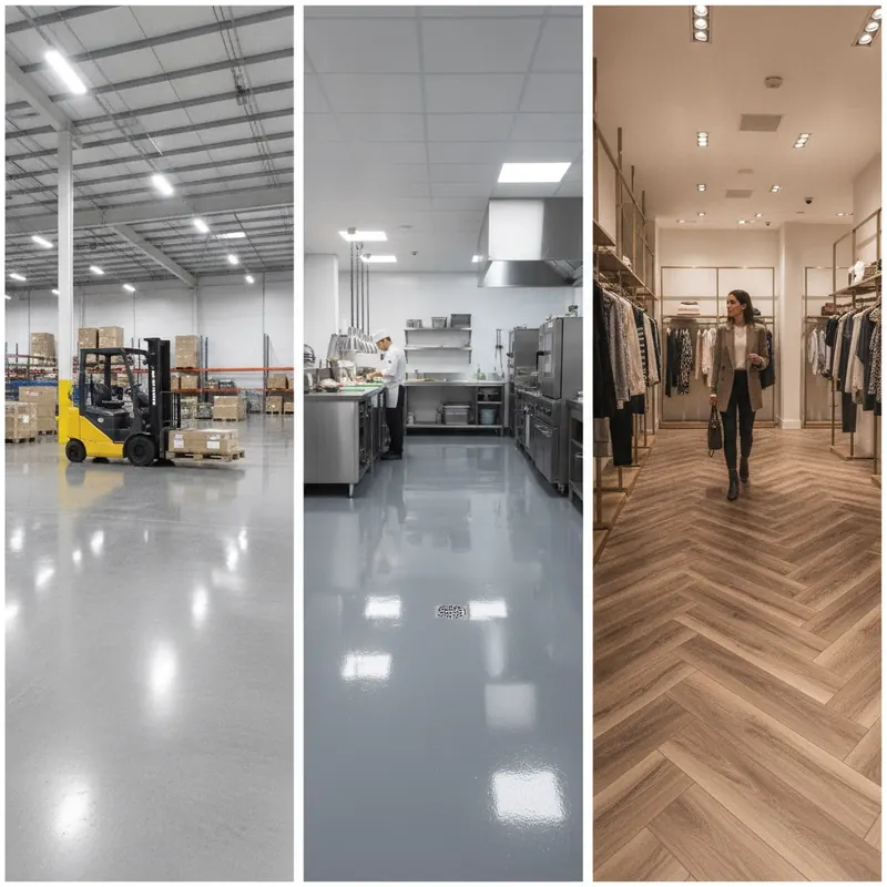 Triptych showing durable commercial flooring in action: a warehouse with polished concrete, a commercial kitchen with grey epoxy, and a retail boutique with luxury vinyl tile.