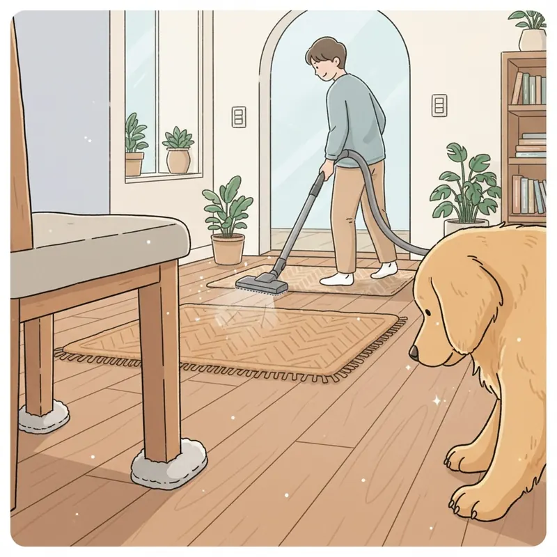 Illustration of holistic floor protection strategies: felt pads on furniture, trimmed pet nails, entrance doormat, and gentle vacuuming.