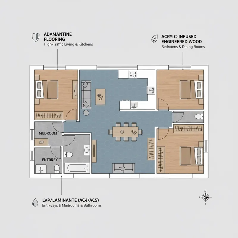 An overhead, architectural-style illustration of a modern family home floor plan. Different rooms are clearly color-coded and labeled with recommended durable flooring types: 'Adamantine Flooring' for high-traffic living areas and kitchens, 'Acrylic-Infused Engineered Wood' for bedrooms and dining rooms, and 'LVP/Laminate (AC4/AC5)' for entryways, mudrooms, and bathrooms. Each zone has subtle visual textures representing the floor type.