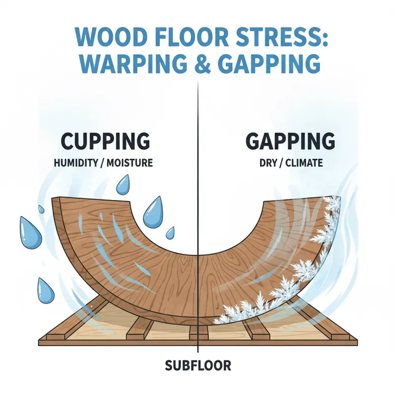 An educational diagram illustrating how climate affects a wood floor plank, with one end cupping due to humidity and the other shrinking and gapping from cold, dry air.