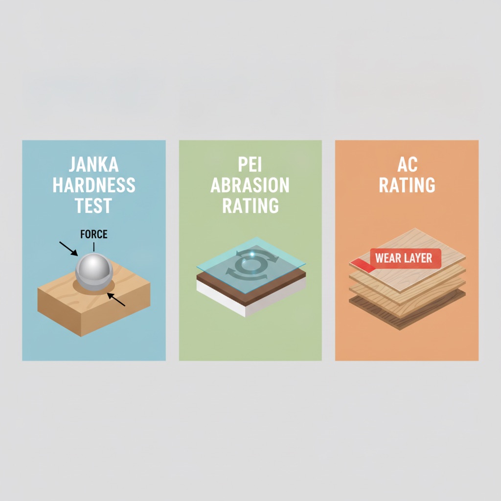 An infographic with three panels illustrating flooring durability tests: a Janka Hardness Test on wood, a PEI Abrasion Rating on tile, and an AC Rating on a laminate plank's wear layer.