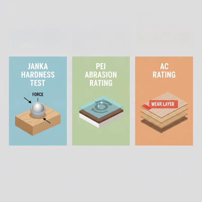 An infographic with three panels illustrating flooring durability tests: a Janka Hardness Test on wood, a PEI Abrasion Rating on tile, and an AC Rating on a laminate plank's wear layer.