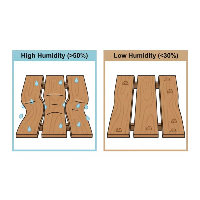 A diagram showing two scenarios: in high humidity, wood floor planks swell and push together; in low humidity, they shrink, creating gaps between them.