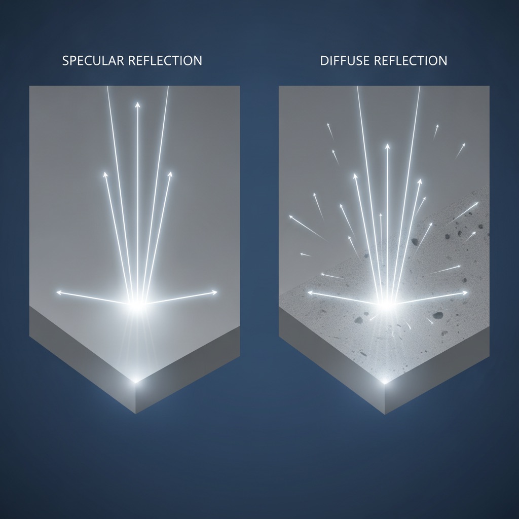 A diagram illustrating how micro-scratches cause dullness. The left side shows light reflecting perfectly off a smooth floor (specular reflection), and the right side shows light scattering off a scratched floor (diffuse reflection).