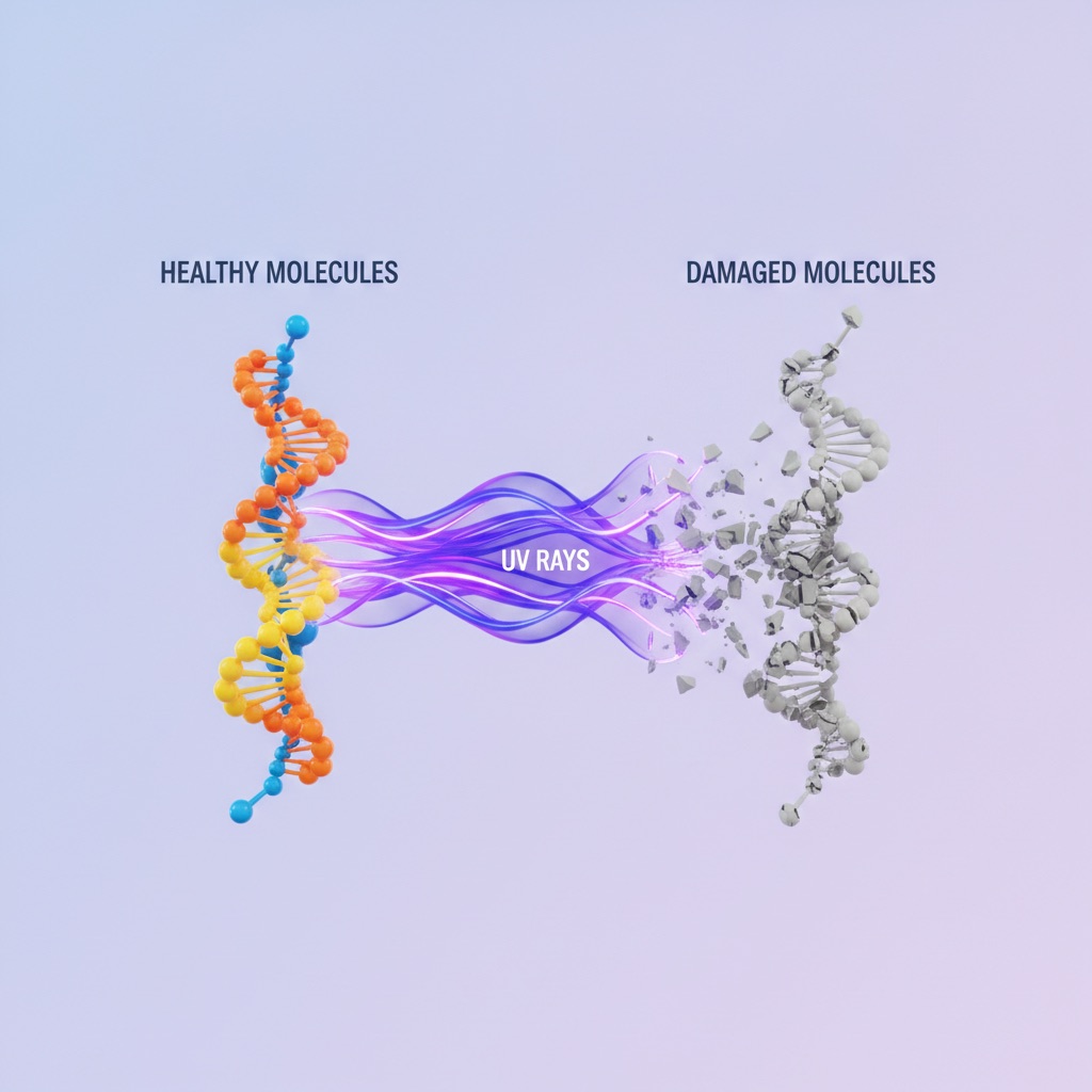 An educational illustration showing UV rays as purple lines breaking apart vibrant molecular chains, representing floor color, into fractured grey molecules.