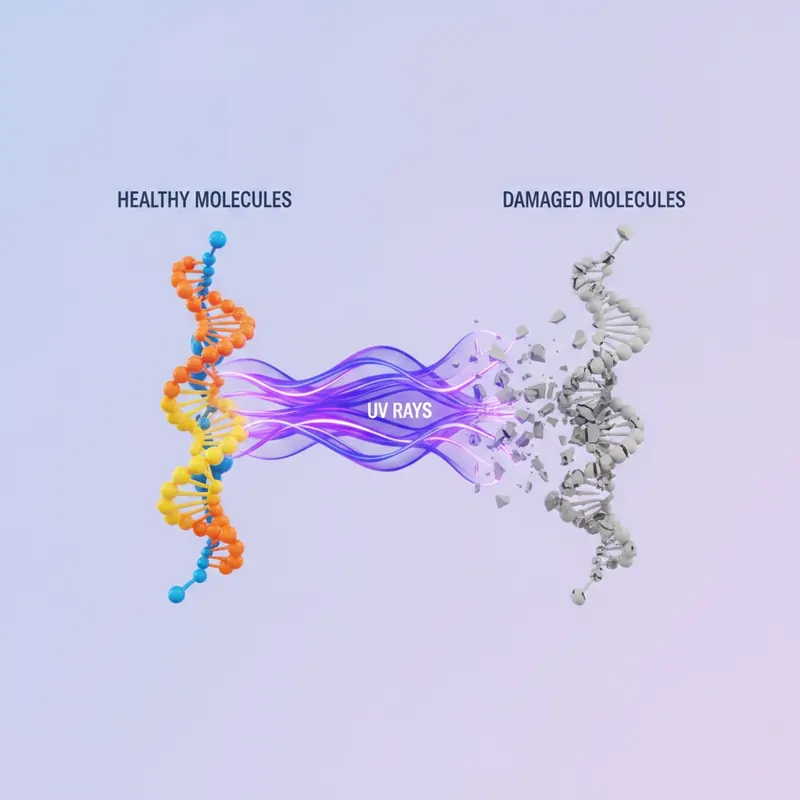 An educational illustration showing UV rays as purple lines breaking apart vibrant molecular chains, representing floor color, into fractured grey molecules.