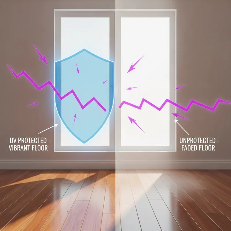 An illustrative diagram showing how UV-blocking window film protects a hardwood floor from sun fading by deflecting harmful UV rays.