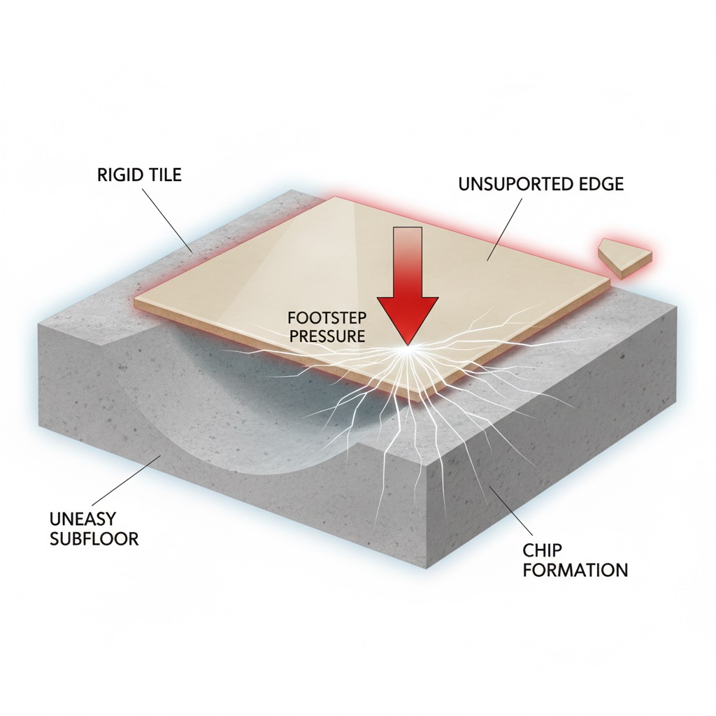 A 3D diagram showing how an uneven subfloor creates a void under a tile, leading to stress fractures and chipping when pressure is applied.