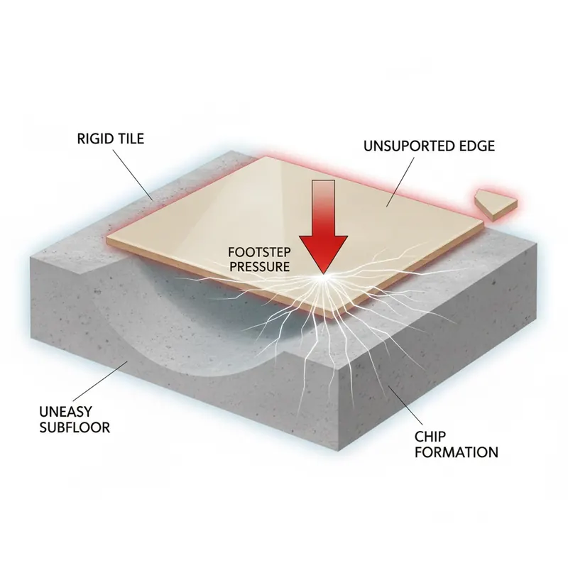 A 3D diagram showing how an uneven subfloor creates a void under a tile, leading to stress fractures and chipping when pressure is applied.