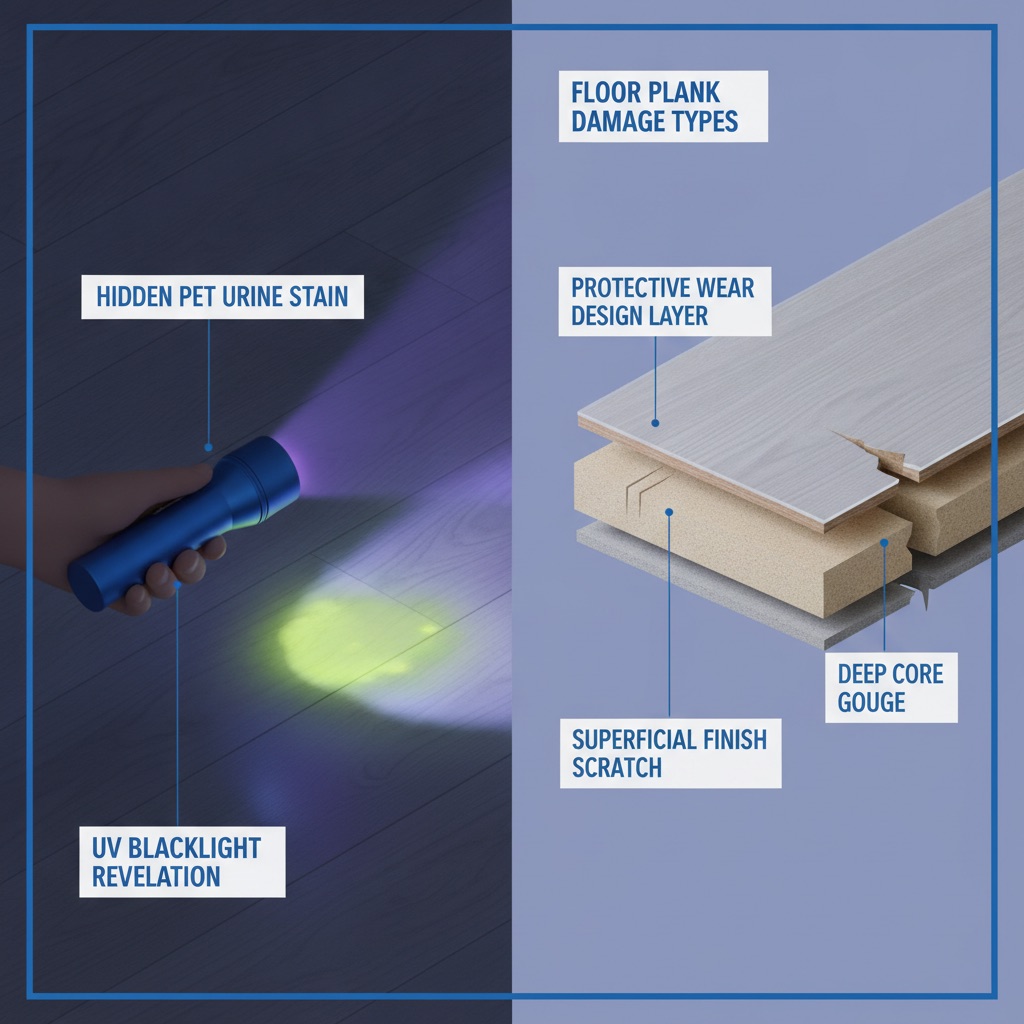 Infographic showing how to assess pet damage on floors, with one panel depicting a UV blacklight revealing a hidden urine stain and another panel showing a cross-section of a floor plank to differentiate between a superficial scratch and a deep gouge.