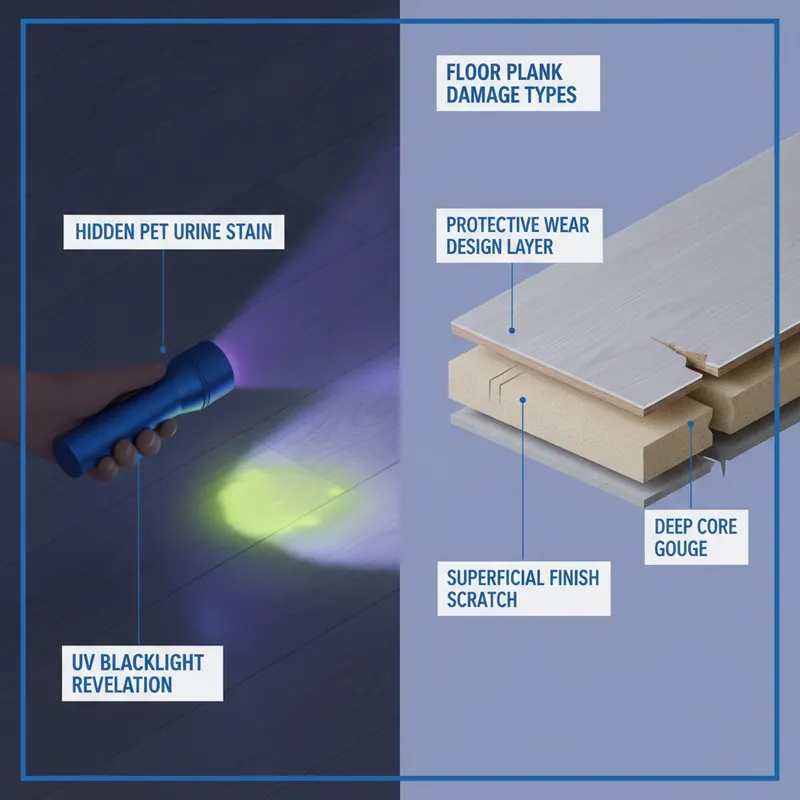 Infographic showing how to assess pet damage on floors, with one panel depicting a UV blacklight revealing a hidden urine stain and another panel showing a cross-section of a floor plank to differentiate between a superficial scratch and a deep gouge.