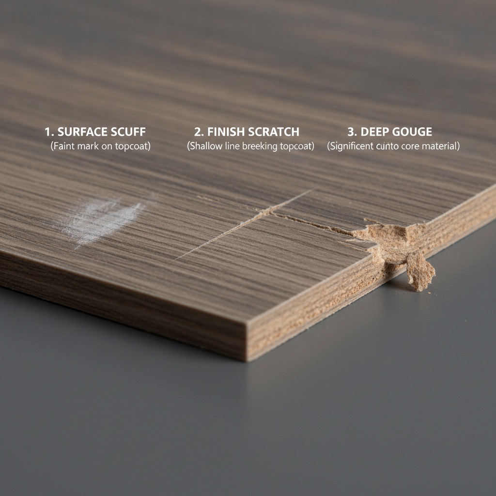 A close-up diagram showing the difference between a surface scuff, a finish scratch, and a deep gouge on a floor plank.