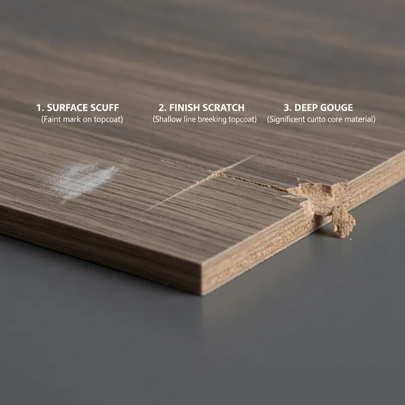 A close-up diagram showing the difference between a surface scuff, a finish scratch, and a deep gouge on a floor plank.