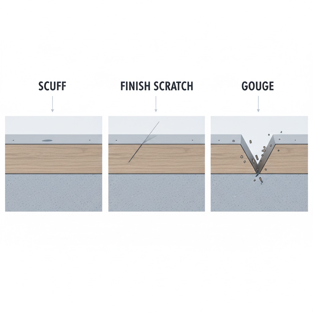 A cross-section diagram showing the difference between a scuff, a finish scratch, and a deep gouge in a flooring plank.