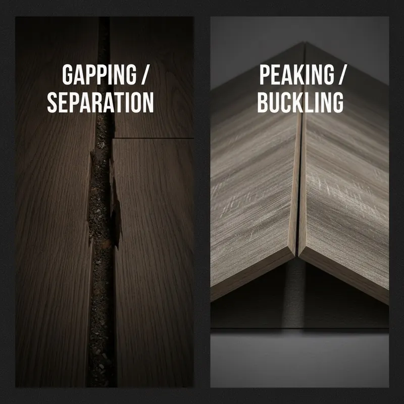 Comparison image showing the difference between flooring gapping (a visible gap) and buckling (planks pushing upwards at the seam).