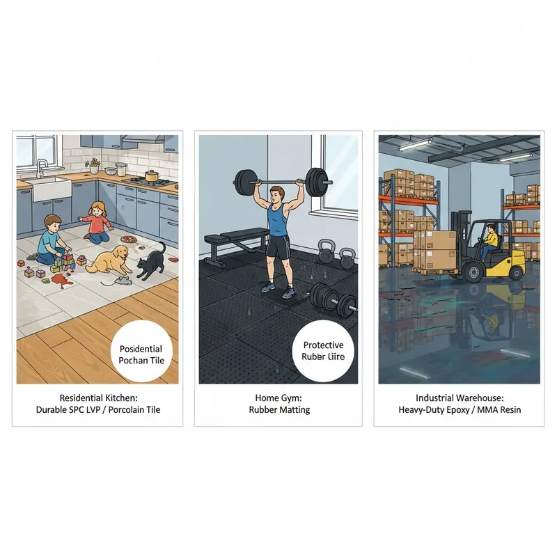 Three-panel illustration showing different high-impact scenarios (residential, home gym, industrial) with their recommended flooring solutions.