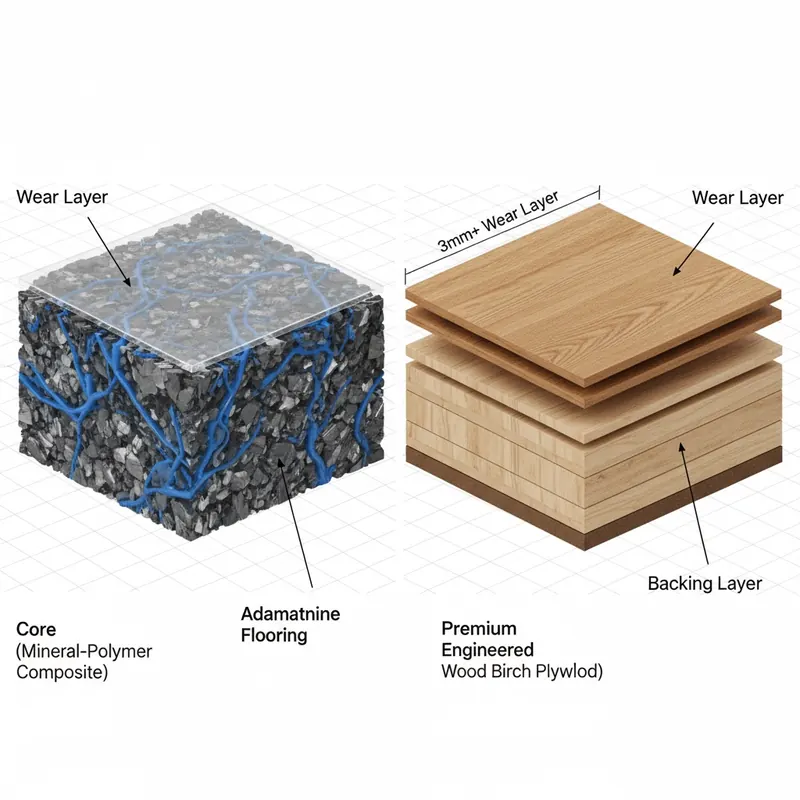 A detailed cross-section diagram comparing Adamantine flooring (mineral composite core) and Premium Engineered Wood flooring (real wood veneer over Baltic birch plywood core), showing layers and thickness.