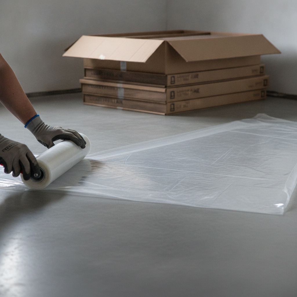 Flooring installer's hands rolling out a polyethylene vapor barrier over a concrete subfloor before installing luxury vinyl plank flooring.