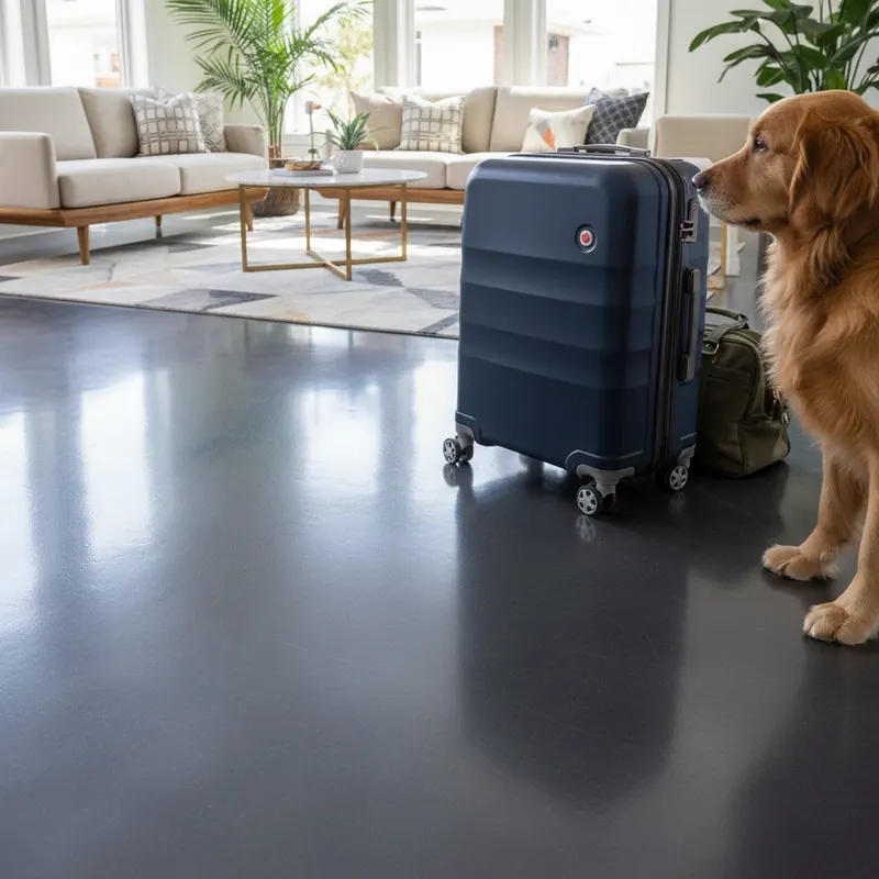 Photorealistic image of a modern living room with a sleek, seamless adamantine epoxy floor, showing heavy luggage and pet paws without damage, conveying durability.