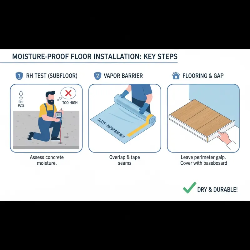 A clean, instructional infographic or multi-panel diagram illustrating the crucial steps for a truly moisture-proof floor installation. Panel 1: A professional conducting an in-situ Relative Humidity (RH) test on a concrete subfloor using a specialized probe inserted into a drilled hole, with a digital readout. Panel 2: A worker carefully laying down a thick, labeled Class I vapor barrier (e.g., 6-mil polyethylene sheet) over the prepared subfloor, ensuring overlapping seams are taped. Panel 3: A finished flooring (e.g., engineered wood or SPC vinyl) being installed, with a clear visual representation of a perimeter expansion gap left along the wall, which is then neatly covered by a baseboard. Style: minimalist, step-by-step infographic with clear icons, labels, and a focus on precision and best practices.