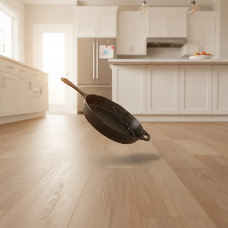 A cast-iron skillet captured mid-fall above a durable luxury vinyl plank kitchen floor, demonstrating its resilience.