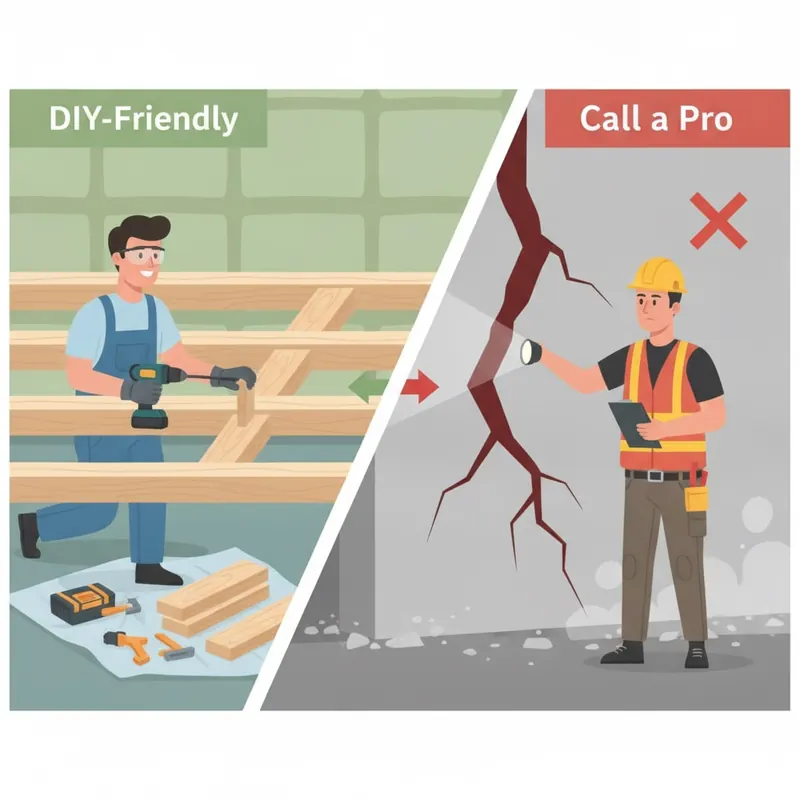 A split-screen illustration showing a homeowner safely doing a DIY floor repair on one side, and a professional engineer inspecting a serious foundation crack on the other.