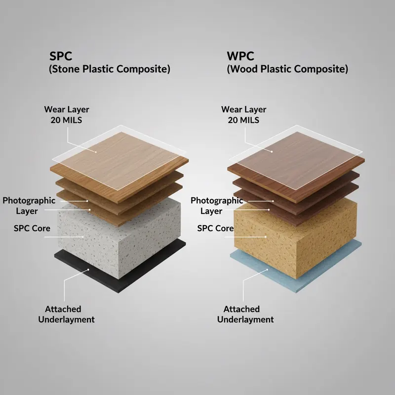 A detailed cutaway diagram illustrating the cross-section of SPC (Stone Plastic Composite) and WPC (Wood Plastic Composite) LVP flooring, showing distinct layers like wear layer, photographic layer, and the core composition for each type.