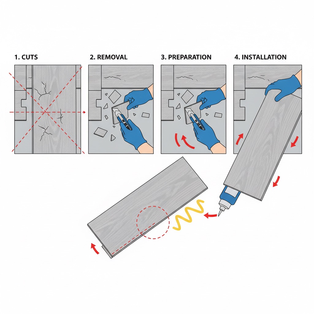 Step-by-step diagram illustrating how to replace a single damaged LVP plank, including cutting, removing, preparing, and installing the new plank.