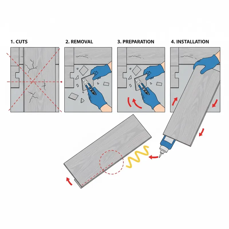 Step-by-step diagram illustrating how to replace a single damaged LVP plank, including cutting, removing, preparing, and installing the new plank.