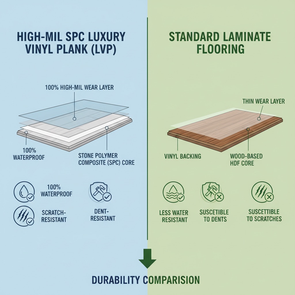Infographic comparing LVP/SPC and laminate flooring, highlighting LVP's dense core, thick wear layer, and resistance to water, dents, and scratches versus laminate's thinner wear layer and less resistance.