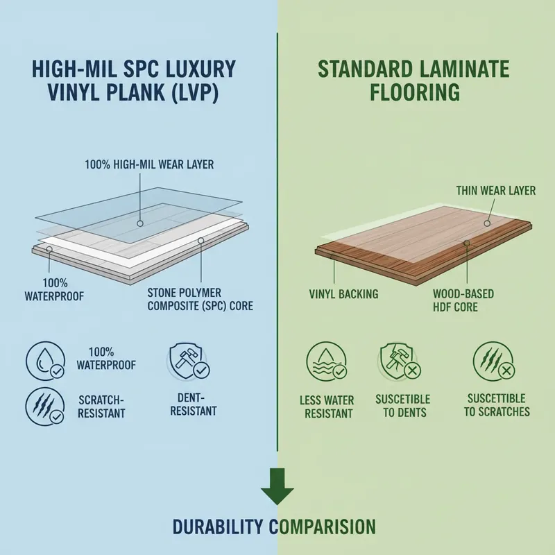 Infographic comparing LVP/SPC and laminate flooring, highlighting LVP's dense core, thick wear layer, and resistance to water, dents, and scratches versus laminate's thinner wear layer and less resistance.