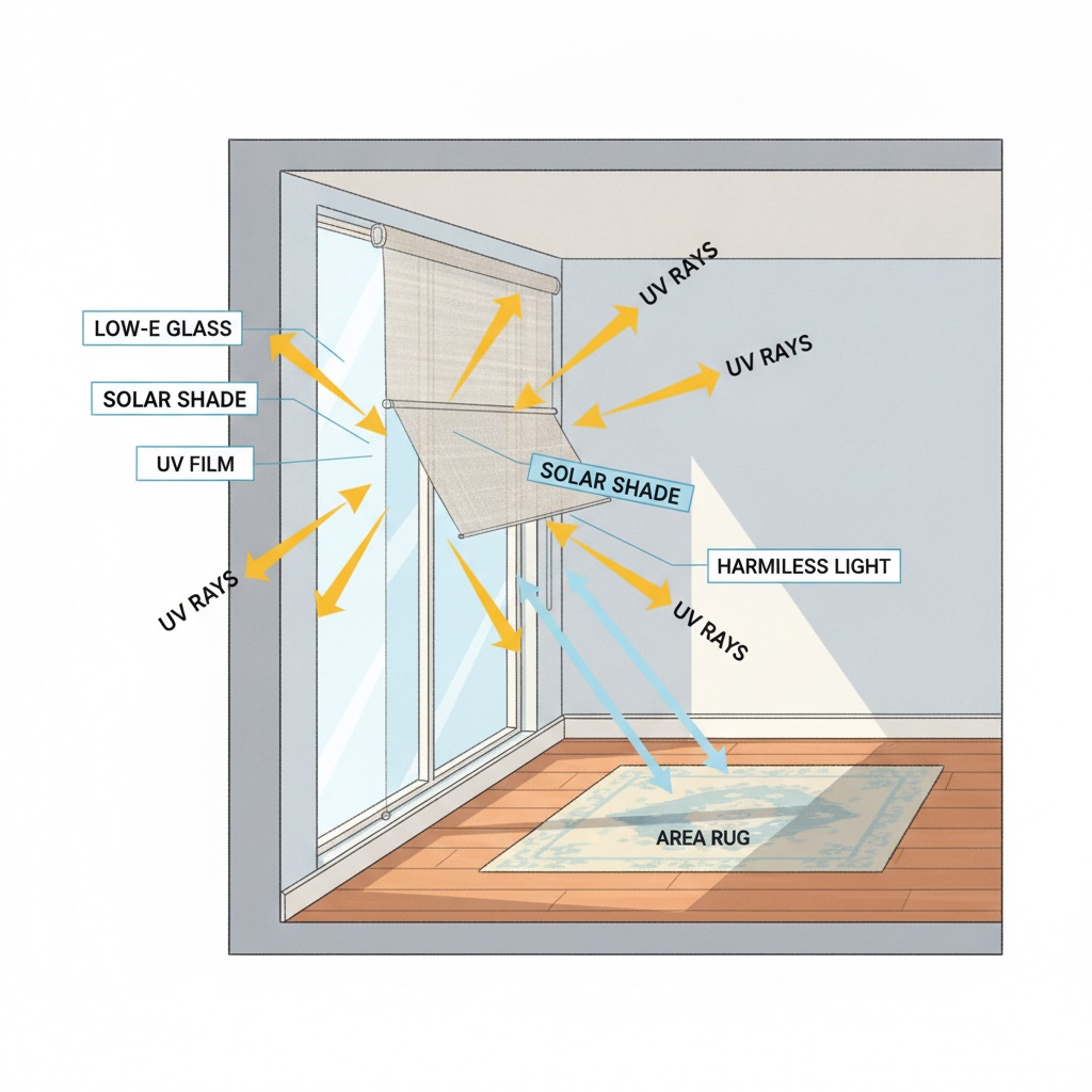 An illustrative diagram showing layers of sun protection for a floor, including Low-E glass, UV film, a solar shade, and an area rug, all working together to block UV rays.