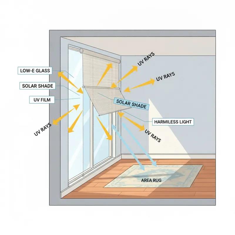 An illustrative diagram showing layers of sun protection for a floor, including Low-E glass, UV film, a solar shade, and an area rug, all working together to block UV rays.