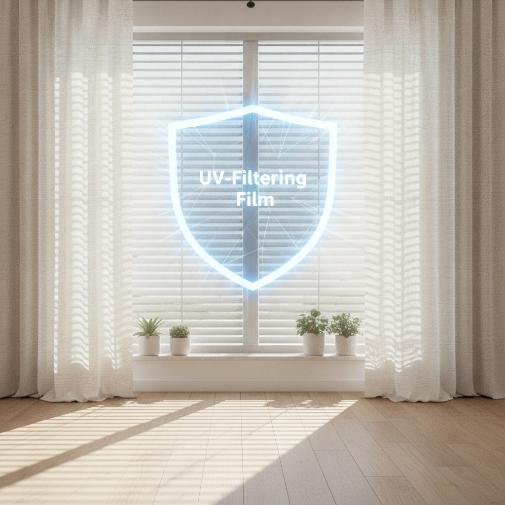A 3D render of a room showing layered sun protection for floors, including curtains, angled blinds, and a UV-filtering film on the window.
