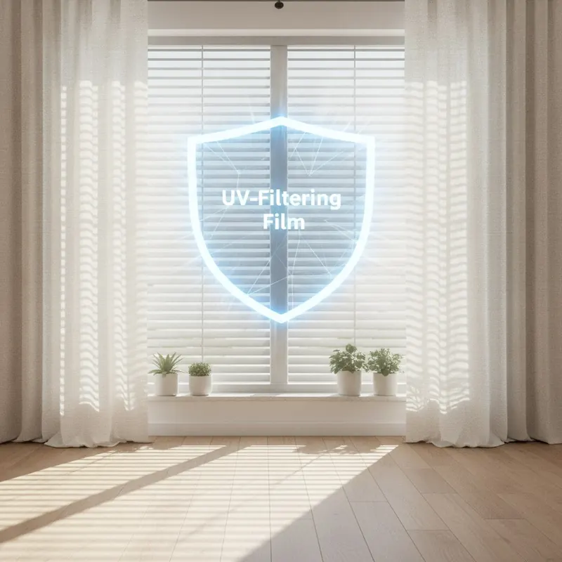 A 3D render of a room showing layered sun protection for floors, including curtains, angled blinds, and a UV-filtering film on the window.