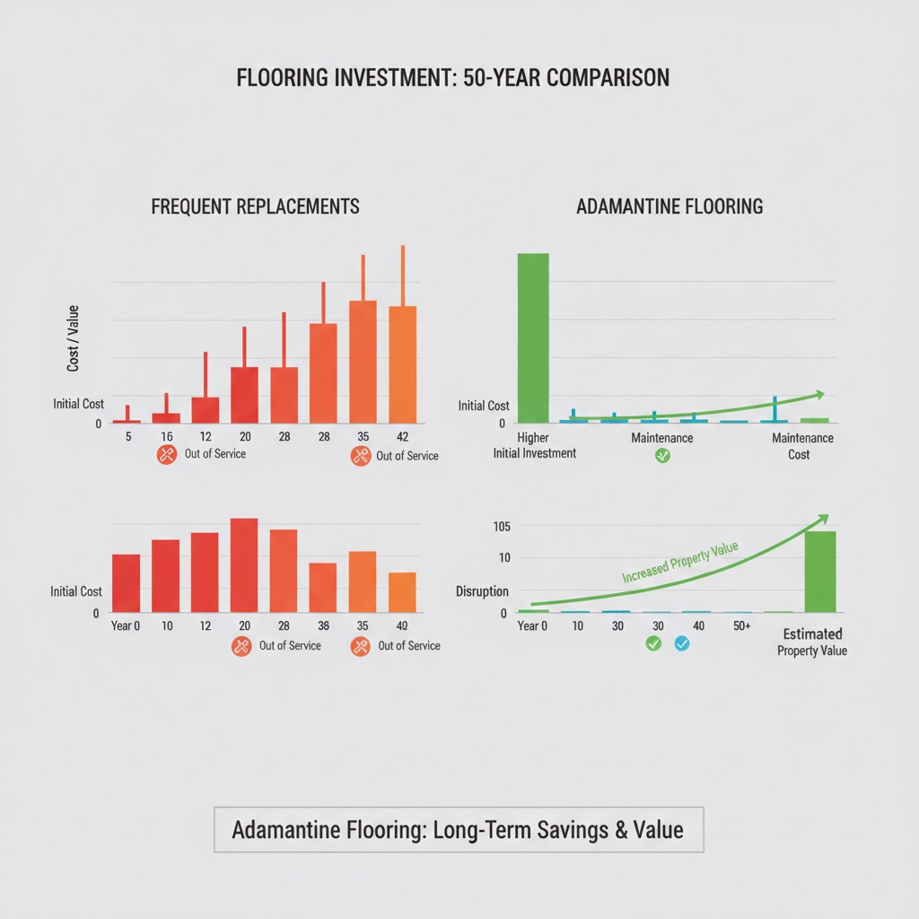 Comparative infographic showing high recurring costs and disruption for frequent floor replacements versus lower, flatter costs and minimal disruption for adamantine flooring over 50 years.