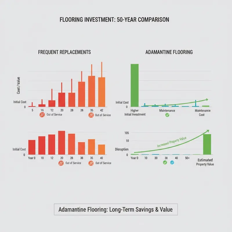 Comparative infographic showing high recurring costs and disruption for frequent floor replacements versus lower, flatter costs and minimal disruption for adamantine flooring over 50 years.