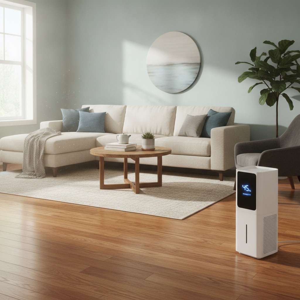 A modern living room with engineered hardwood floors featuring a sleek white dehumidifier in the corner displaying a healthy 45% humidity level.