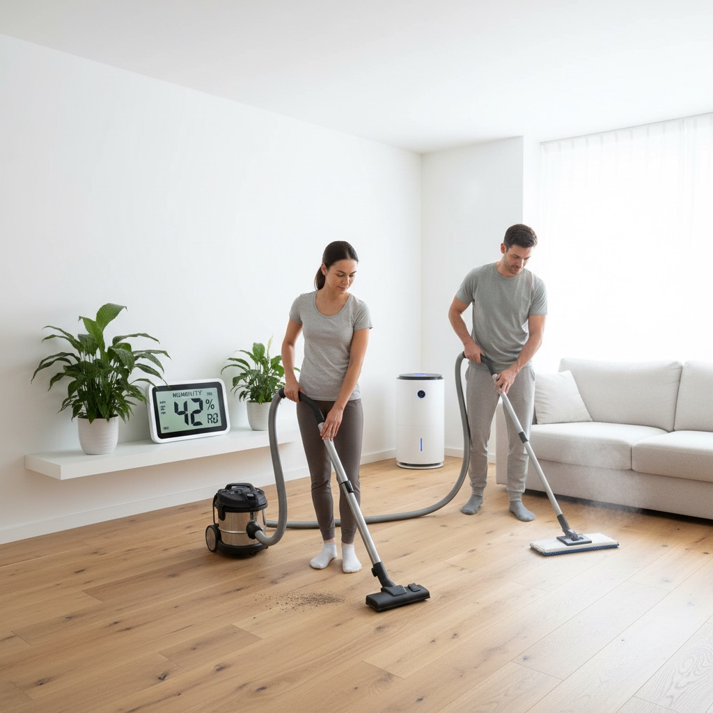 A bright, clean, and organized home scene depicting various elements of a holistic allergy-proof ecosystem. Show a digital hygrometer clearly displaying a humidity reading below 50% on a shelf. In the background, a modern, sleek dehumidifier is subtly visible. In the foreground, a person is efficiently using a HEPA-filtered vacuum cleaner on a hard floor, while another person is using a vapor steam cleaner nearby. The overall mood is calm, efficient, and emphasizes a healthy living environment.