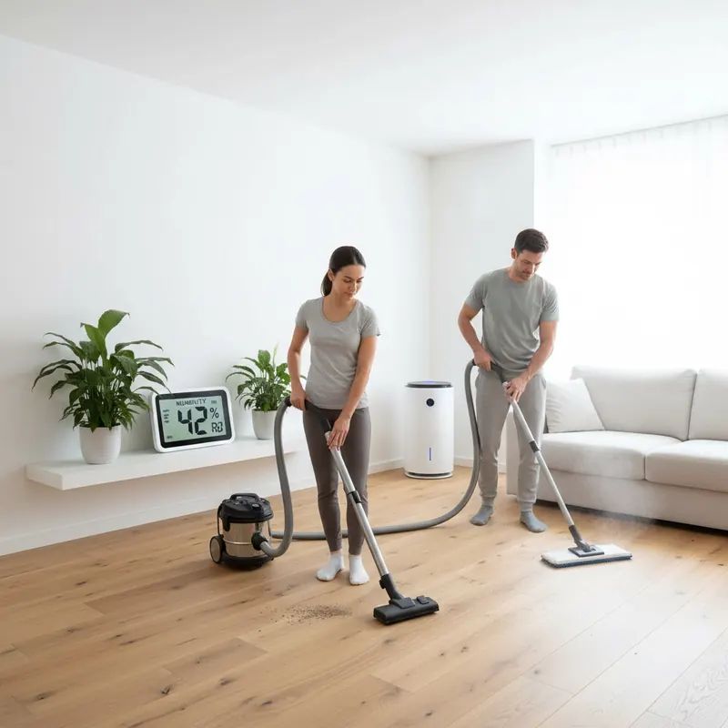 A bright, clean, and organized home scene depicting various elements of a holistic allergy-proof ecosystem. Show a digital hygrometer clearly displaying a humidity reading below 50% on a shelf. In the background, a modern, sleek dehumidifier is subtly visible. In the foreground, a person is efficiently using a HEPA-filtered vacuum cleaner on a hard floor, while another person is using a vapor steam cleaner nearby. The overall mood is calm, efficient, and emphasizes a healthy living environment.