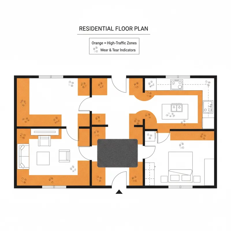 A top-down, minimalist floor plan illustration of a typical residential home, including an entryway, main hallway, kitchen (with sink/stove areas), living room, and a bedroom. High-traffic areas such as the entryway, the main thoroughfare of the hallway, and the pivot points in the kitchen are clearly highlighted in a contrasting color (e.g., red or orange) to indicate 'wear and tear zones'. Small, subtle icons representing dirt particles and shoe prints are concentrated within these highlighted zones. A prominent, textured walk-off mat is depicted at the main entryway. Style: clean, infographic-style, architectural drawing.
