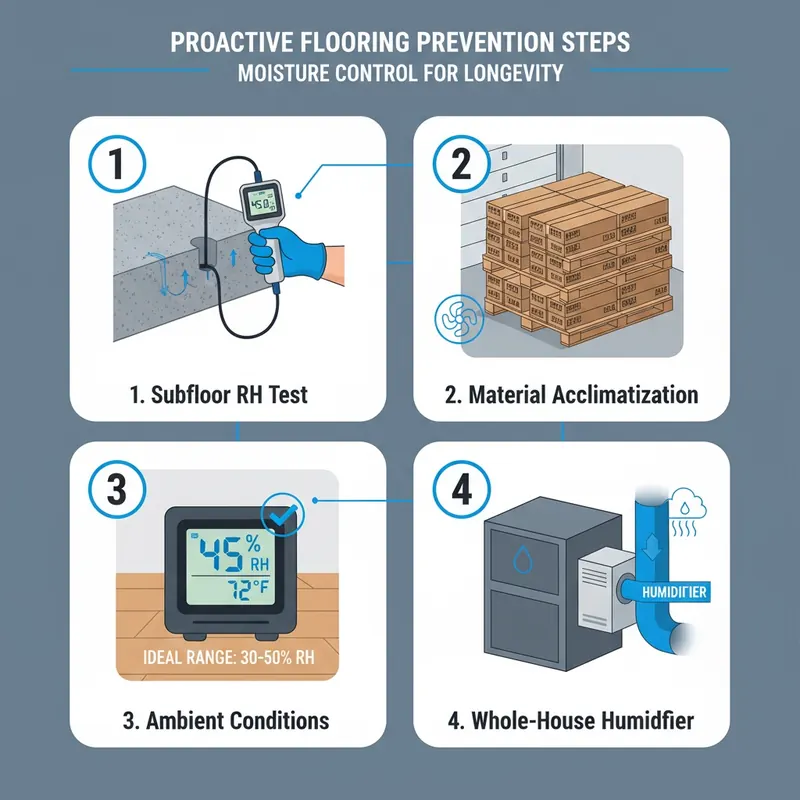 A composite image showing key steps for flooring prevention: concrete moisture testing with an RH probe, cross-stacked flooring for acclimatization, a hygrometer showing ideal humidity, and a whole-house humidifier.