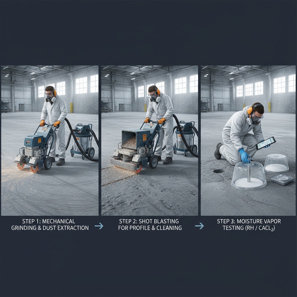A dynamic, multi-step illustration demonstrating critical substrate preparation for durable floor coating installation. The scene shows a concrete slab undergoing a sequence of actions: first, a worker using a diamond grinder to profile the surface; second, a shot-blasting machine creating a rougher texture; and third, a technician conducting a calcium chloride or RH probe test for moisture vapor transmission. The background emphasizes a clean, dust-free environment.