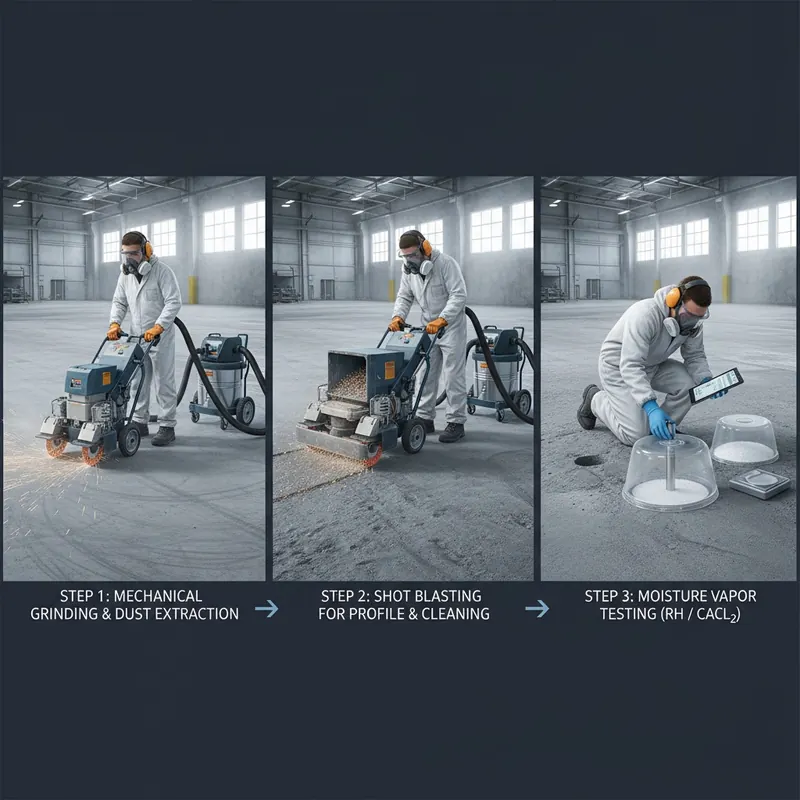 A dynamic, multi-step illustration demonstrating critical substrate preparation for durable floor coating installation. The scene shows a concrete slab undergoing a sequence of actions: first, a worker using a diamond grinder to profile the surface; second, a shot-blasting machine creating a rougher texture; and third, a technician conducting a calcium chloride or RH probe test for moisture vapor transmission. The background emphasizes a clean, dust-free environment.