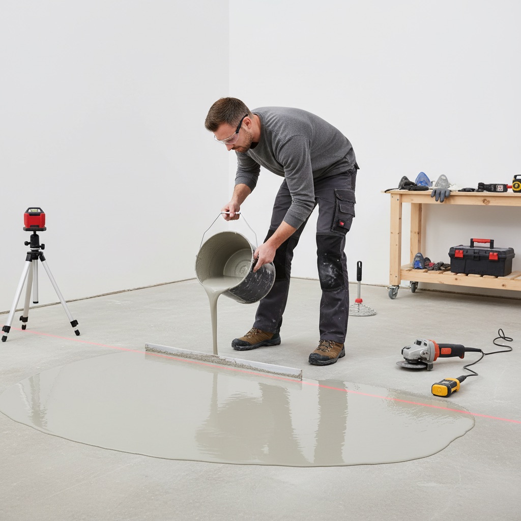 Professional flooring installer meticulously preparing a subfloor with self-leveling compound and a laser level, emphasizing precise subfloor preparation for long-lasting flooring.