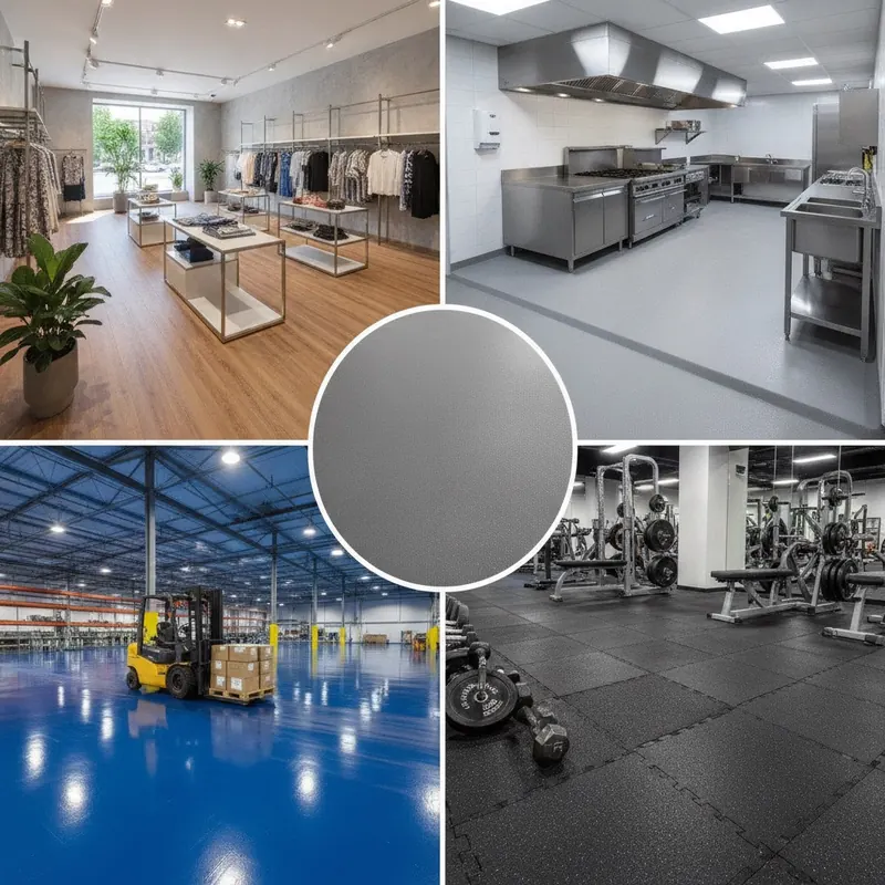 Composite image of four commercial floors: LVT in a retail store, urethane cement in a kitchen, epoxy in a warehouse with a forklift, and rubber flooring in a gym.