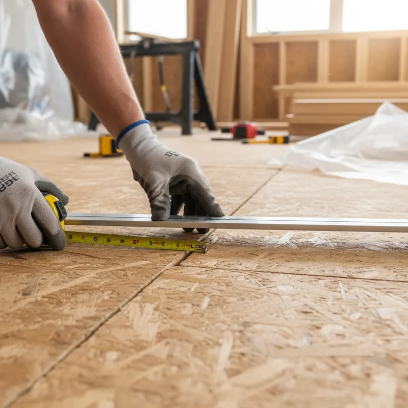 A person measuring a subfloor dip with a 10-foot straight edge and tape measure, showing a 3/16-inch gap, illustrating the rule for subfloor flatness.