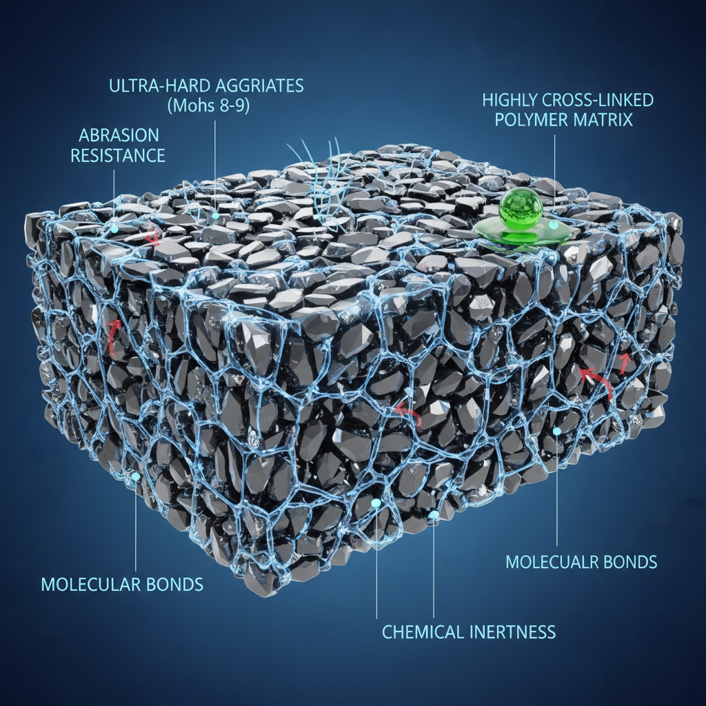A detailed, magnified cross-section view of adamantine flooring. Show ultra-hard, angular aggregates (Mohs hardness 8-9, like diamonds) densely packed and tightly bound within a robust, highly cross-linked polymer matrix. Illustrate microscopic forces like abrasion (scratches deflecting off aggregates) and chemical resistance (a drop of corrosive liquid beading harmlessly on the surface). Style: scientific illustration, 3D render, precise, with glowing lines indicating molecular bonds.
